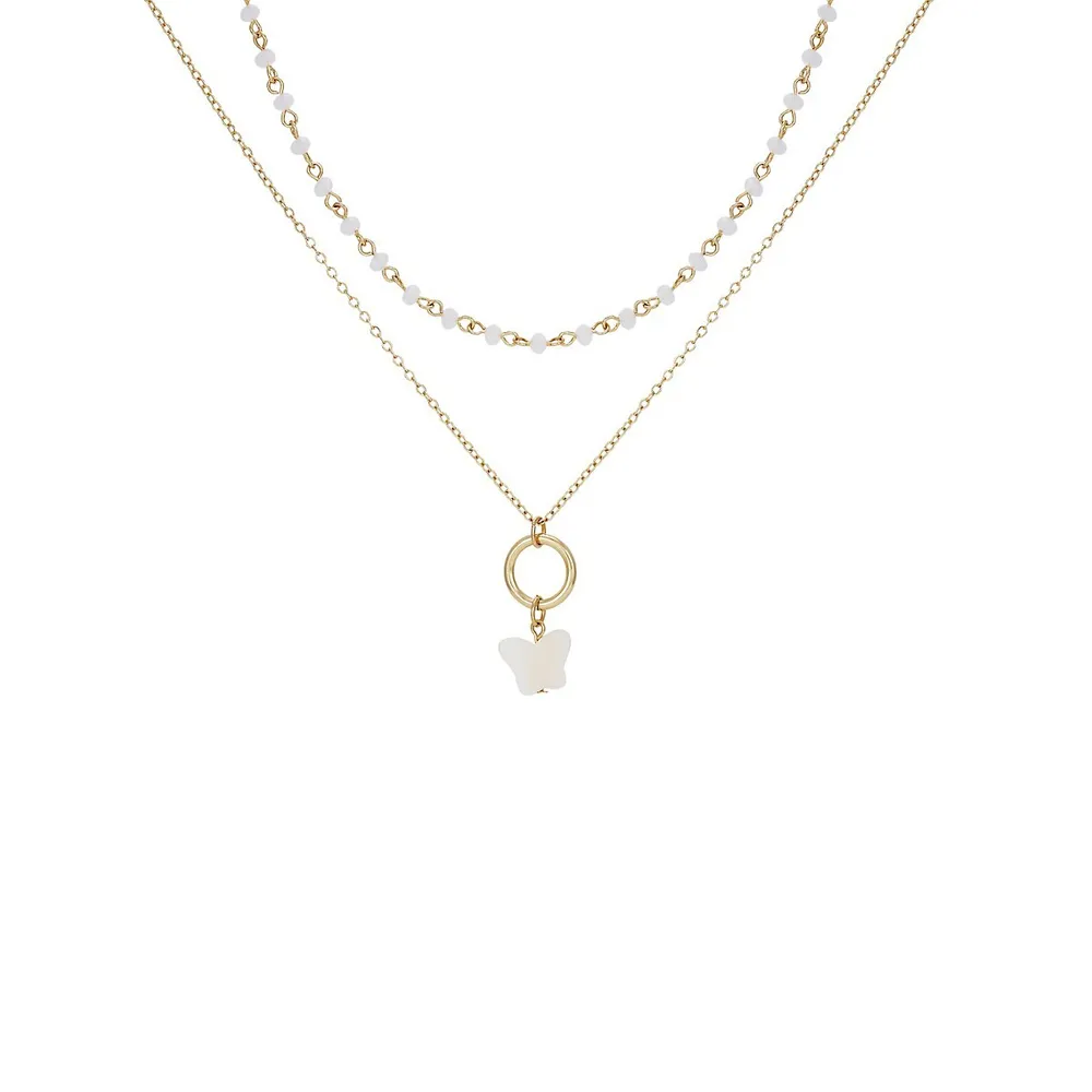 Goldtone and Shell Multi-Row Butterfly Pendant Necklace