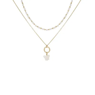 Goldtone and Shell Multi-Row Butterfly Pendant Necklace