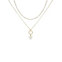 Goldtone and Shell Multi-Row Butterfly Pendant Necklace