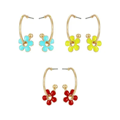 Goldtone and Enamel 3-Pair Floral Hoop Earring Set