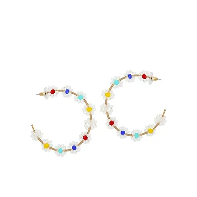 Goldtone and Floral Bead Coiled Hoop Earrings