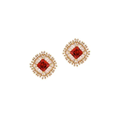 Square Red Cubic Zirconia Halo Stud Earrings