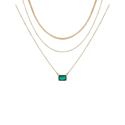 Goldtone & Green Stone Multirow Necklace