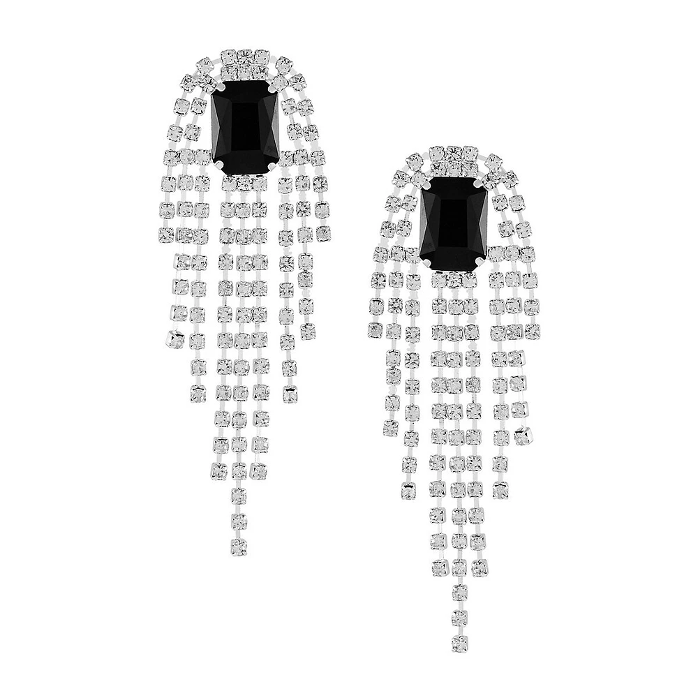 Silvertone, Black Stone & Crystal Cup-Chain Drop Earrings