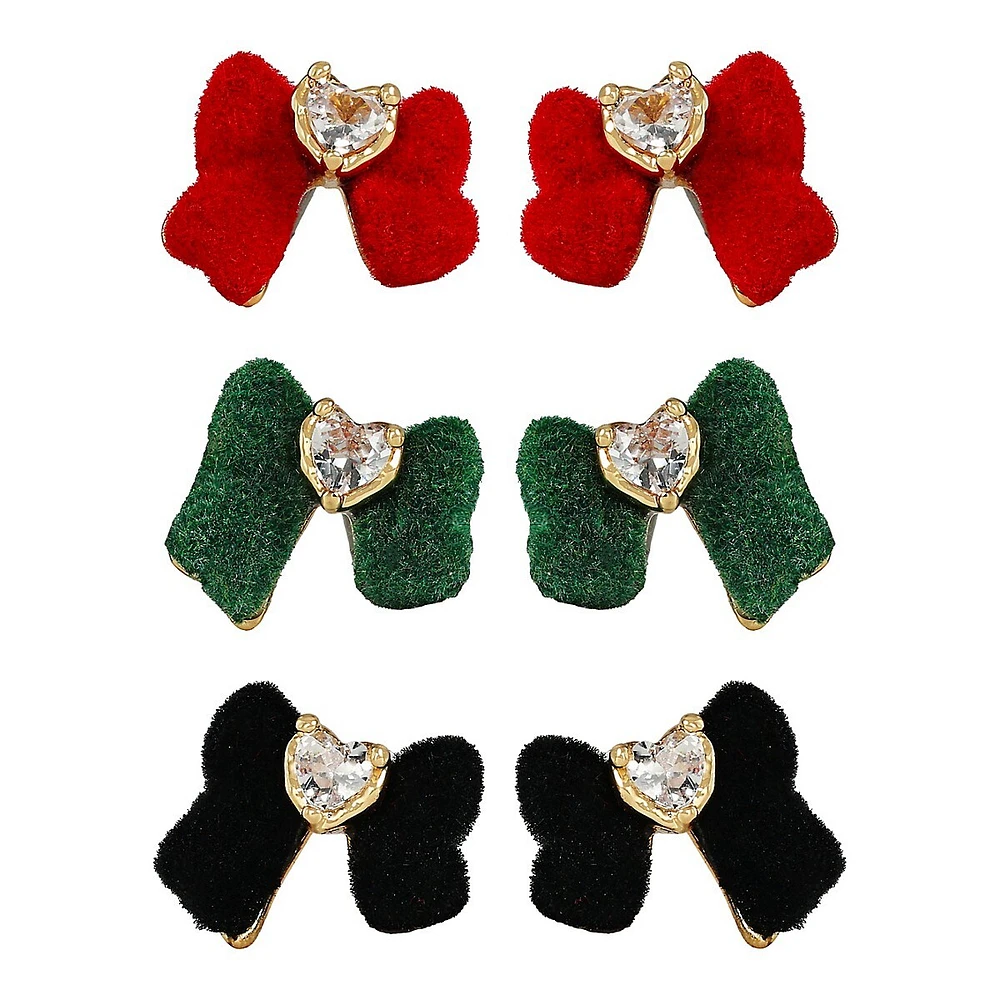 3-Pair Velvet & Heart Crystal Bow Earring Set