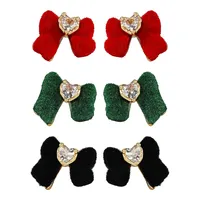 3-Pair Velvet & Heart Crystal Bow Earring Set