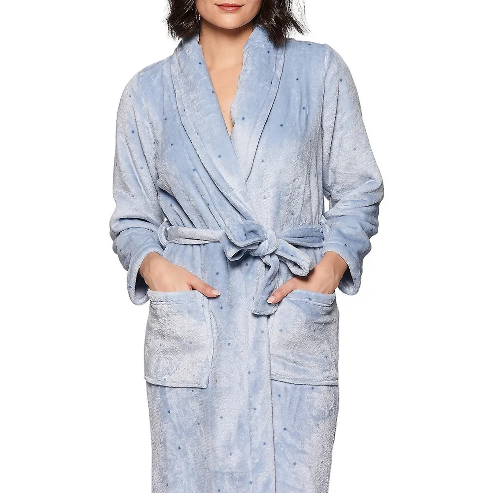 Loose-Fit Dot Print Plush Wrap Robe