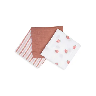 Ensemble de couvertures pour bébé en mousseline de coton à imprimé de fraise, trois pièces