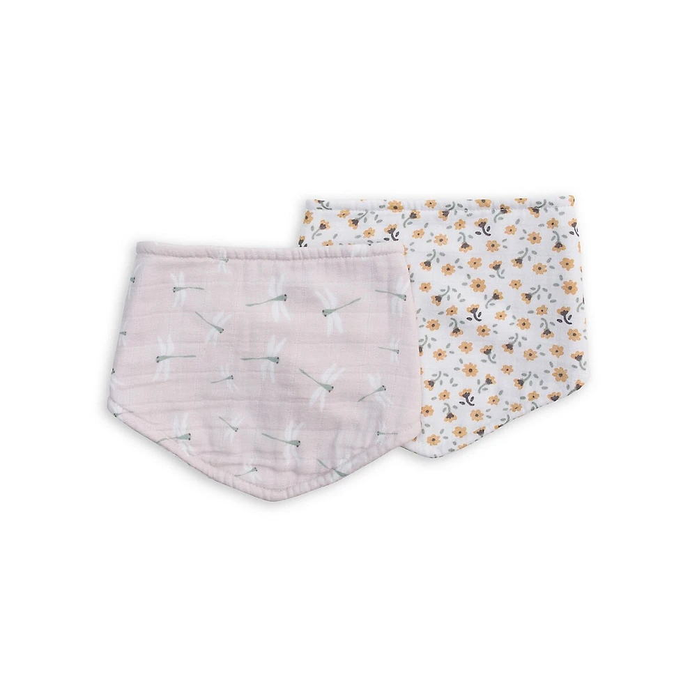 2-Pack Cotton Muslin & Terry Cloth Bandana Bibs - Floral & Dragonfly Print