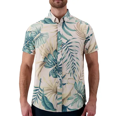 Tropical-Print 4-Way Stretch Button-Down Collar Sport Shirt