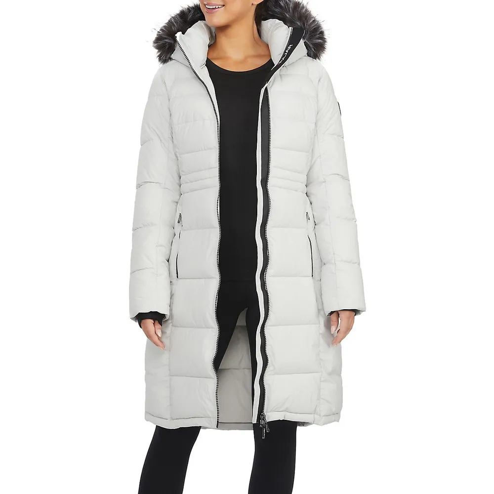 Jupiter Faux Fur-Trim Stretch Quilted Puffer Coat