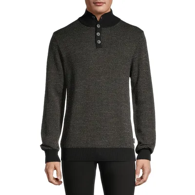 Wool-Blend Light Gauge Mockneck Henley Sweater