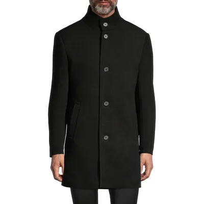 Stand Collar Textured Wool-Blend Coat