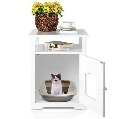 Cat Litter Box Enclosure Decorative Cat House Furniture Nightstand End Table - White