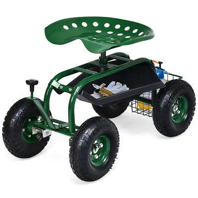Garden Cart Rolling Work Seat W/ Tool Tray Basket Green