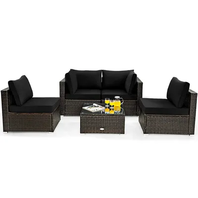 5pcs Patio Rattan Furniture Set Cushioned Sofa Chair Coffee Table