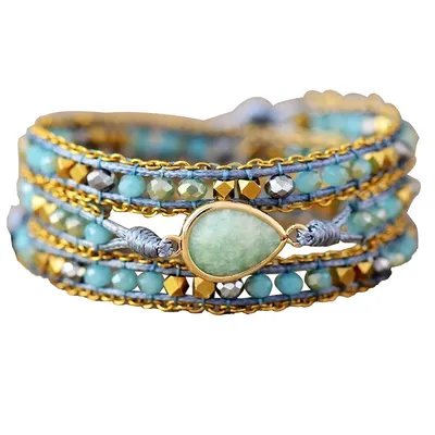 Blue & Goldtone Amazonite Stone Beaded Wrap Bracelet