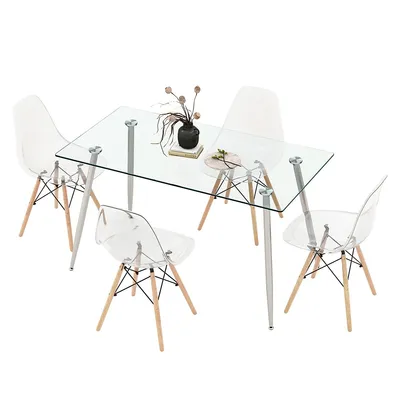 5 Pcs Dining Table Set 51" Modern Rectangular Glass Table & 4 Chairs Kitchen