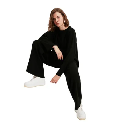 Woman Plain Middle Knitwear Sweater-pants Two-piece Set