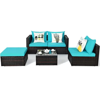 Costway 5pcs Patio Furniture Set Sectional Conversation Sofa Set W/ Coffee Table Blue