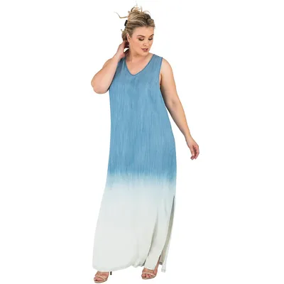Plus Women's Sleeveless Ombre Blue Tencel Maxi Dress