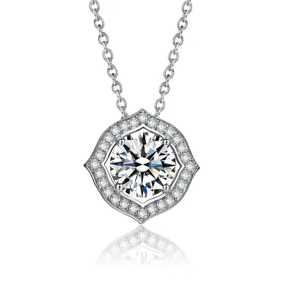 Sterling Silver with 1ctw Lab Created Moissanite Round Halo Vintage Style Pendant Necklace