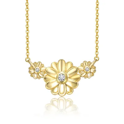 14k Yellow Gold Plated With Cubic Zirconia Triple Daisy Flower Chevron Pendant Necklace