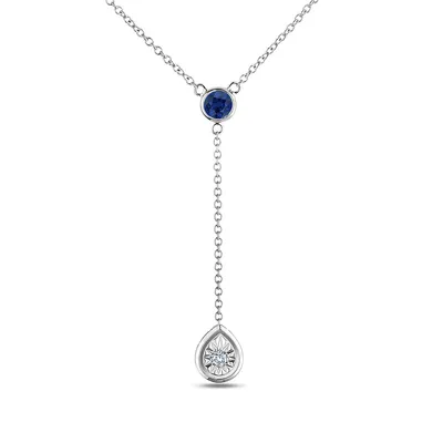 925 Sterling Silver 0.04 Ct Canadian Diamond & 0.12 Ct Blue Sapphire Dangly Pear Shaped Pendant Necklace With Chain