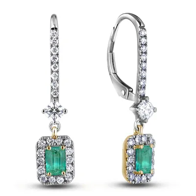 18k Gold 0.70 Cttw Emerald Gemstone & 0.60 Cttw Diamond Halo Style Dangle Hoop Earrings