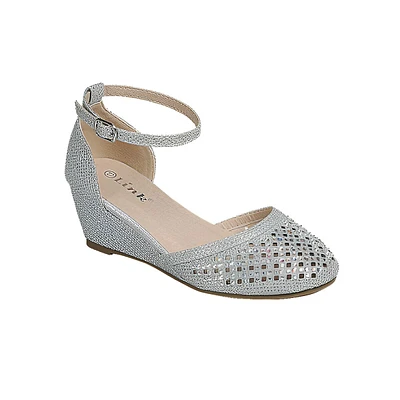 Sara's Girls Formal Silver Wedge Shoes With Rhinestone Strap And Transparent Front
