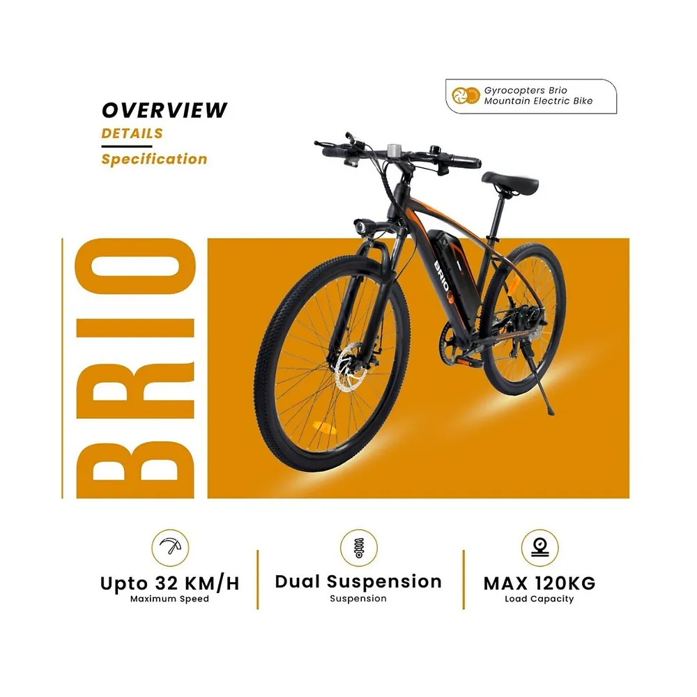 Gyrocopters Brio Mountain Electric Bike| Speed up to 32km | Range up to 60 km| Dual Disk Brakes & Suspension |Shimano Speed Gears Mountain E-bike
