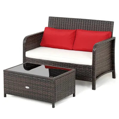 2pcs Patio Rattan Wicker Love-seat Coffee Table Set Cushioned Bench Garden Deck