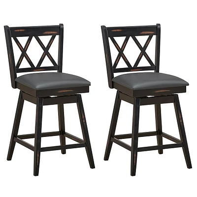 Set Of 2 Barstools Swivel Counter Height Chairs W/rubber Wood Legs Black