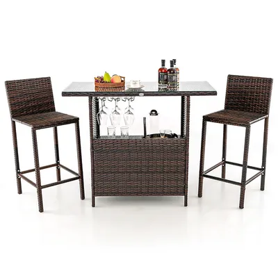 Patio 3pcs Wicker Bar Set Height Table Two Stools With 3 Rows Stemware Racks Garden