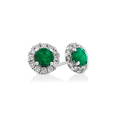 Halo Stud Earrings With Natural Emerald & 0.28 Carat Tw Of Diamonds In 10kt White Gold