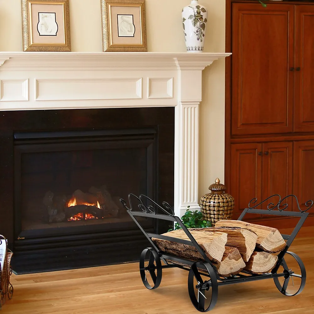 Costway Firewood Rack Decorative Rustproof Steel Fireplace Log Holder W/  Wheels | Upper Canada Mall