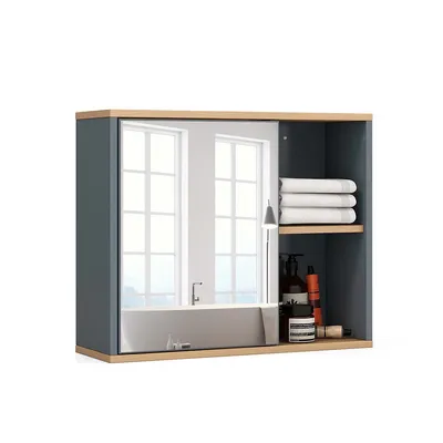 Mirrored Medicine Cabinet Bathroom Wall Mounted With 3-level Adjustable Shelf Grey