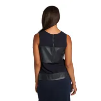Modern Women's Navy Sheer Keyhole Vegan Leather Tunic Top
