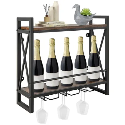 Wall Mounted Wine Rack Industrial 2-tier Wood Shelf With 3 Stem Glass Holders