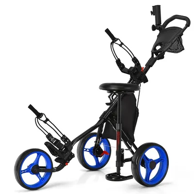 Goplus Folding 3 Wheels Golf Push Cart W/seat Scoreboard Adjustable Handle