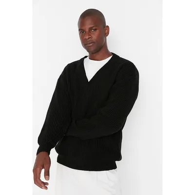 Male Basic Oversize V Neck Knitwear Sweater