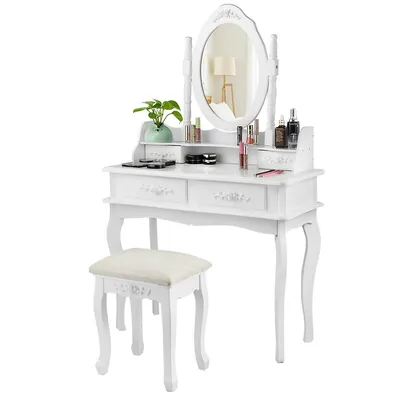Costway Makeup Dressing Table Vanity Set Mirror Jewelry Storage W/ Stool & 4 Drawer