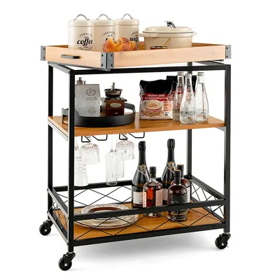 3-tier Wine Bar Cart Rolling Rack Serving Trolley Detachable Top & Glass Holder