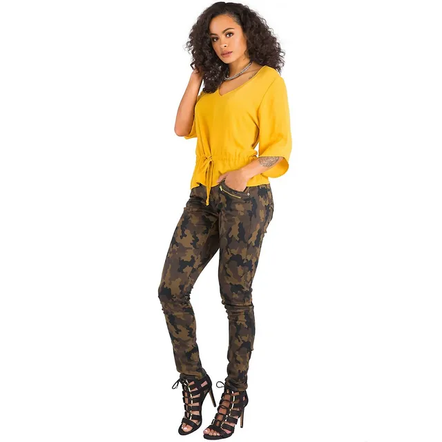 Poetic Justice Curvy Fit Camo Coated Stretch Twill Gold Zipper Jeans