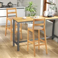 Set Of 2 Solid Rubber Wood Bar Stools 28" Dining Chairs With Backrests Natural
