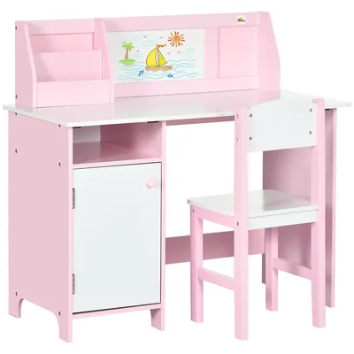 2 Pcs Kids Table And Chair Set With Whiteboard Storage, Pink