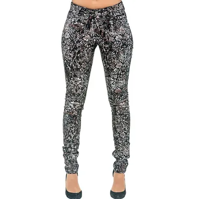Women's Curvy Fit Stretch Twill Floral Printed Metallic Mid Rise Skinny Jeans