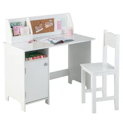 Kids Desk And Chair Set Study Writing Workstation With Bookshelf & Bulletin Board