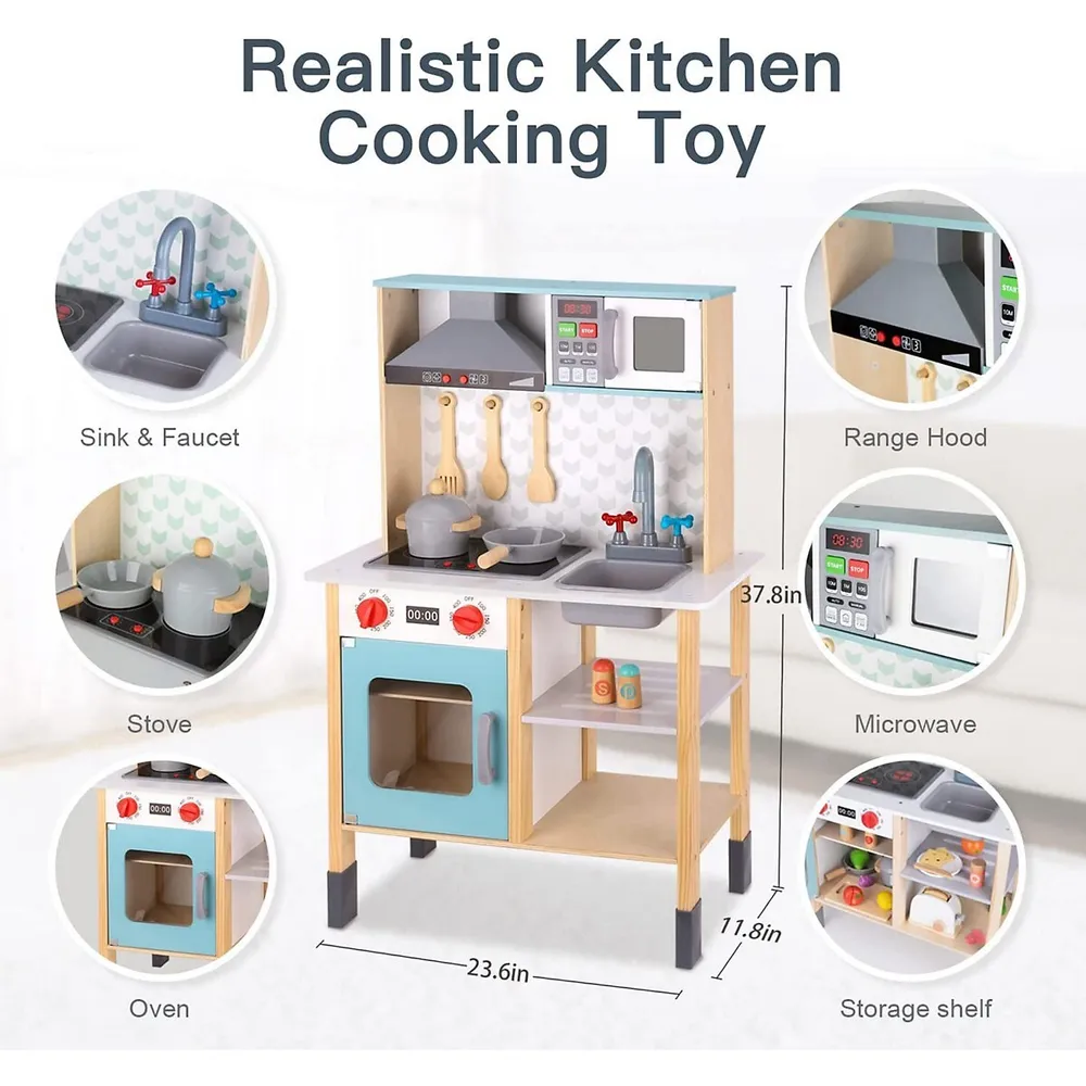 Wooden Play Kitchen Set - Pretend Cooking Playset With Lights And Sounds; Toy Oven, Stove, Sink, Microwave, Accessories; 3 Years +
