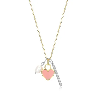 18k Goldplated Sterling Silver Genuine Pearl & Pink Enamel Heart Multi-charm Necklace
